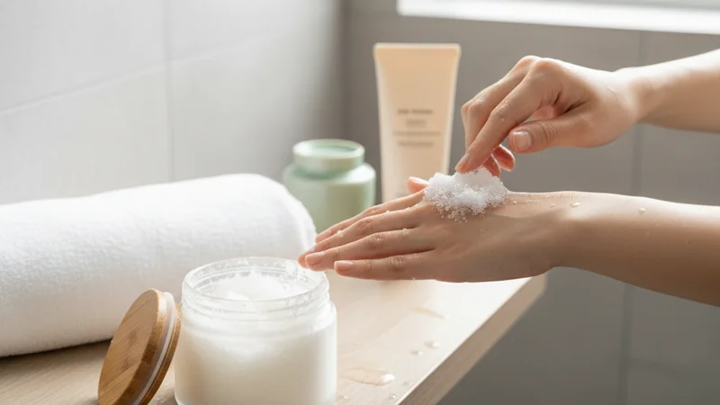 説明：高級感のあるボディスクラブのテクスチャ。粒子が際立っている様子