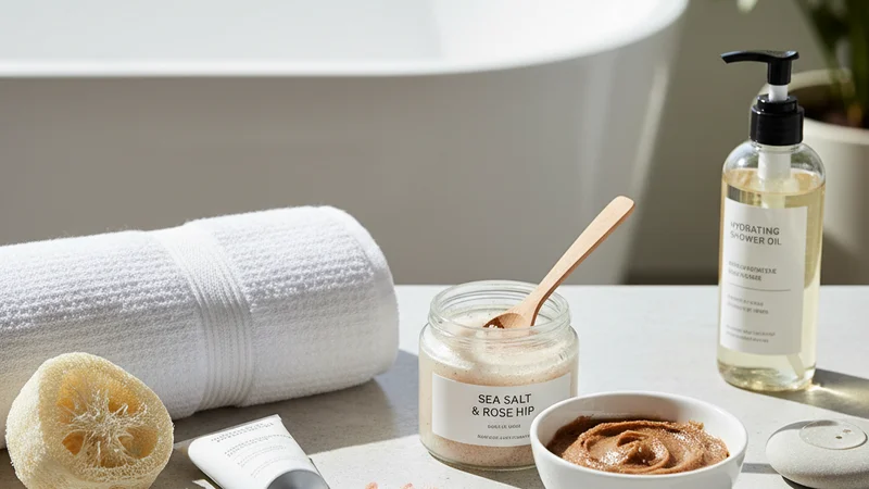 説明：お風呂場で、腕に優しく円を描きながらスクラブを広げている様子