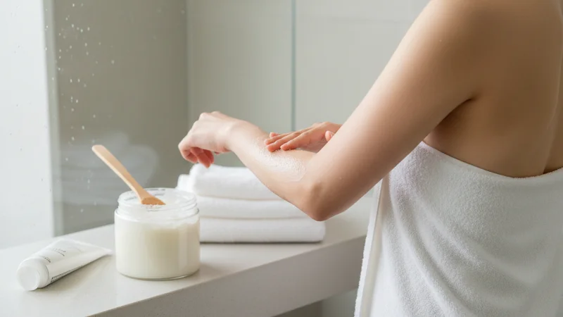 説明：シャワーでスクラブを丁寧に洗い流している爽やかなカット