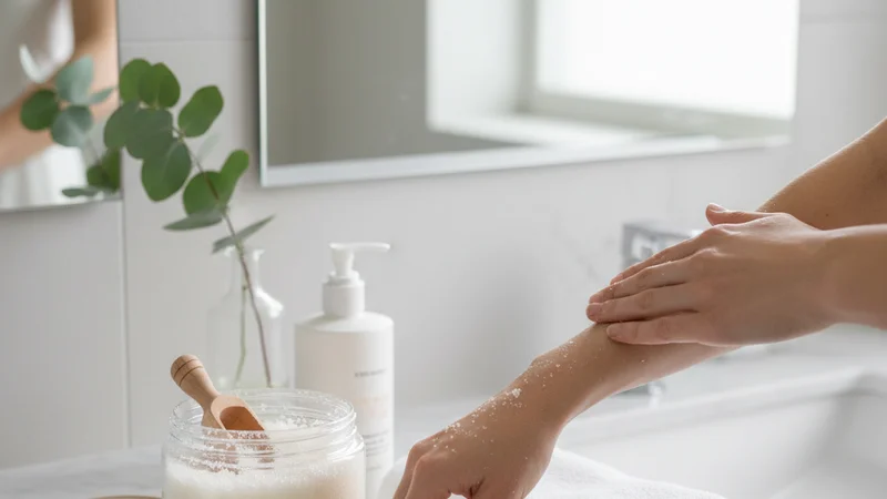 説明：お風呂上がりに鏡の前で丁寧にボディクリームを塗っている様子