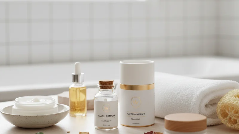 説明：バストを支えるクーパー靭帯のイメージ図、または弾力のある肌を表現したマクロカット