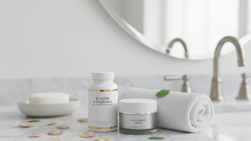 説明：鏡の前で自信を持って微笑む女性。内面からの美しさを感じさせるカット