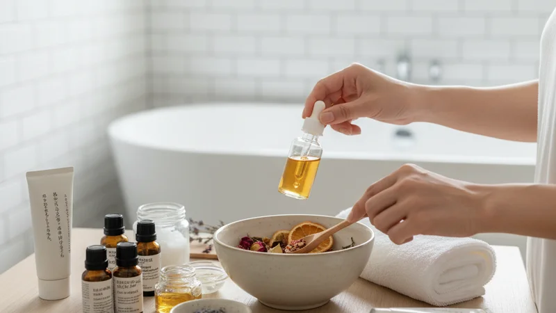 説明:ボウルに注がれる黄金色のオイルと、周囲に並ぶハーブの葉や精油の瓶