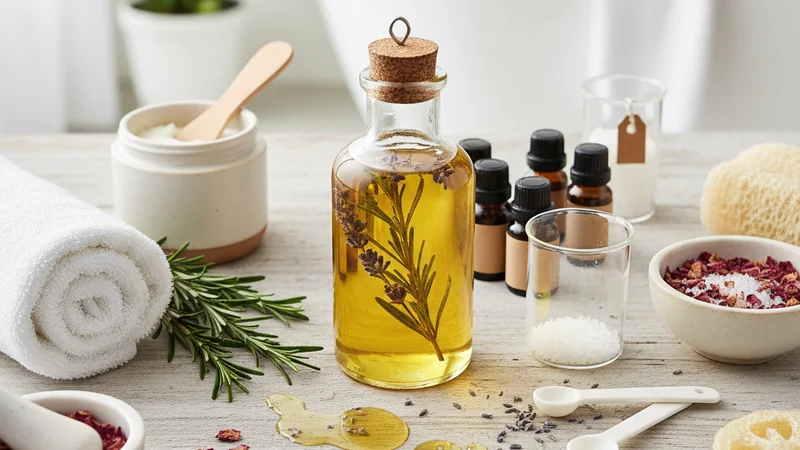 説明:ビーカーに入ったオイルをかき混ぜる様子。乳化剤を加えて質感が変わる瞬間