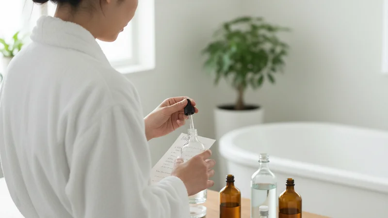 説明:湯気が立ち上る浴槽の表面。乳白色に広がったオイルが幻想的な雰囲気を演出している