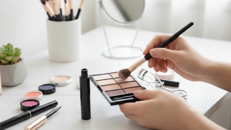 説明:鏡の前でアイシャドウパレットを持ち、メイクの準備をしている様子