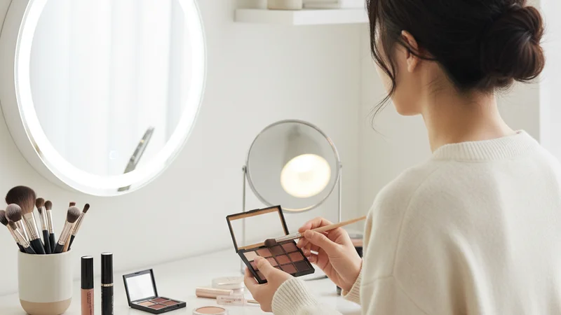 説明:鏡をのぞき込みながら、慎重にアイラインを引いているアップの様子