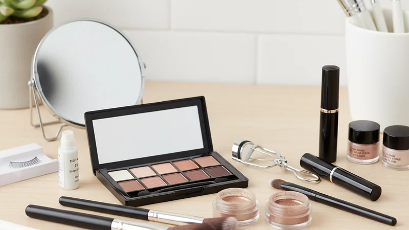 説明:仕上がったメイクを確認して、自信を持って微笑んでいる女性