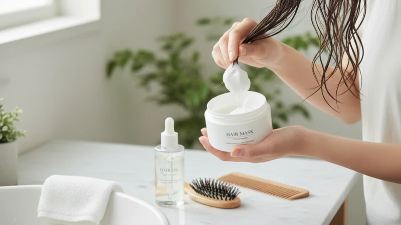 説明:手のひらに取られた濃厚なヘアマスクのテクスチャ。指で掬い上げた時の重厚感が伝わる様子