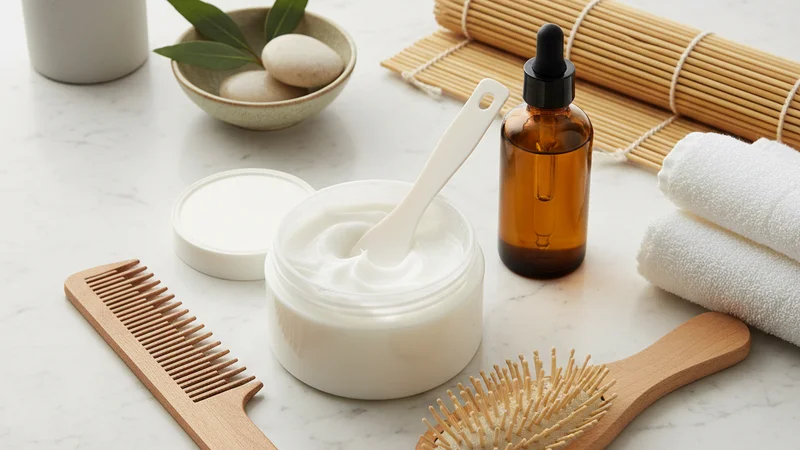 説明:浴室で、濡れた髪を丁寧にコーミングしてヘアマスクを馴染ませている女性の横顔