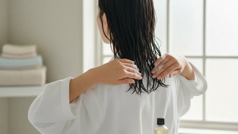 説明:湯気が立ち上る浴室で、スチームタオルを頭に巻いてリラックスしている様子