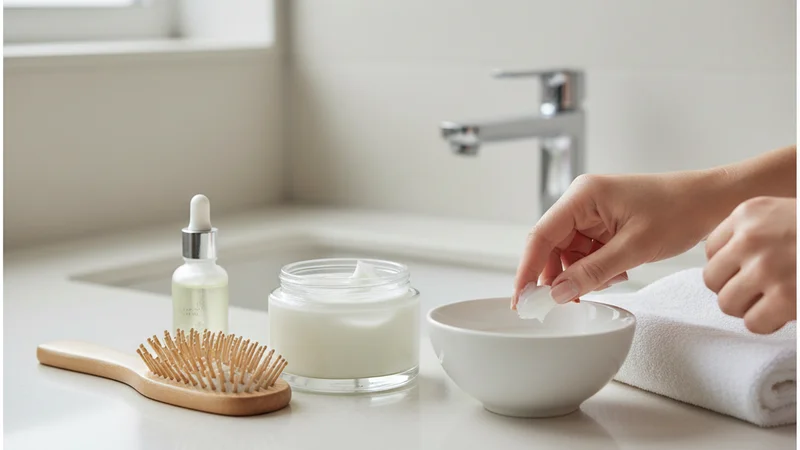 説明:ケアを終え、ドライヤーで乾かした後のサラサラと輝く髪を指で梳いている後ろ姿