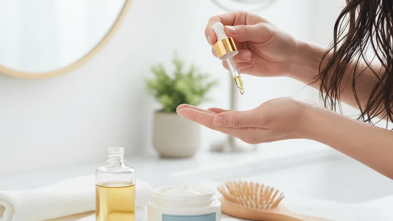 説明:左手にヘアオイル、右手にヘアマスクを持ち、そのテクスチャや透明感の違いを比較している様子