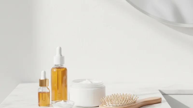 説明:ドレッサーに並べられたヘアケア製品のボトル。ミルクとオイルが並んでいる様子