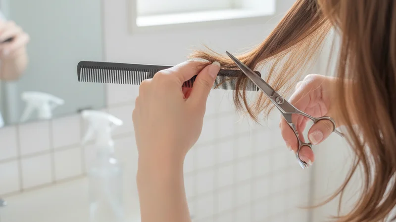 説明:鏡の前でサイドバングの長さを指で測りながら、左右のバランスをチェックしている様子