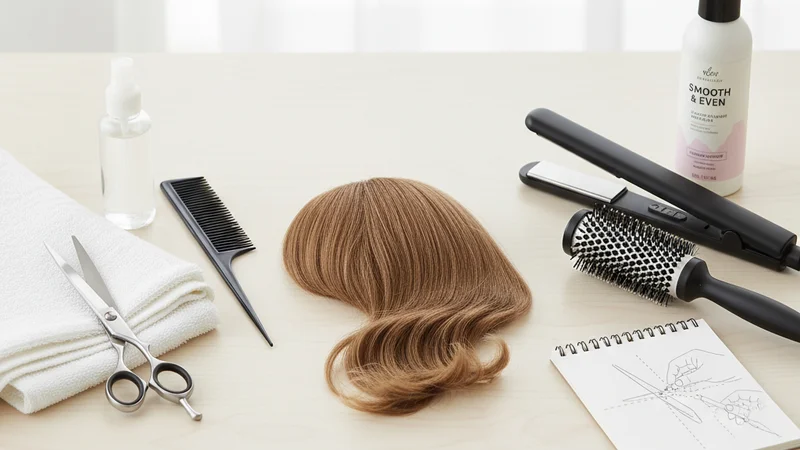 説明:セルフカット用のハサミを縦に入れ、サイドバングの毛先を少しずつ梳いている様子