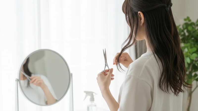 説明:ストレートアイロンを使って、サイドバングに緩やかな外流しのカーブをつけている瞬間