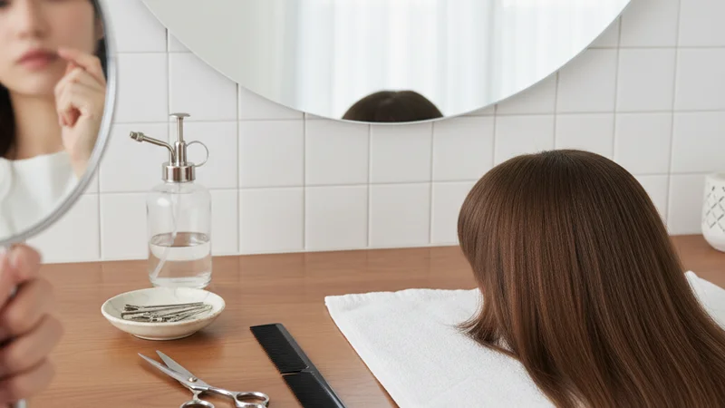 説明:仕上がったサイドバングに満足し、笑顔で髪をかき上げている女性