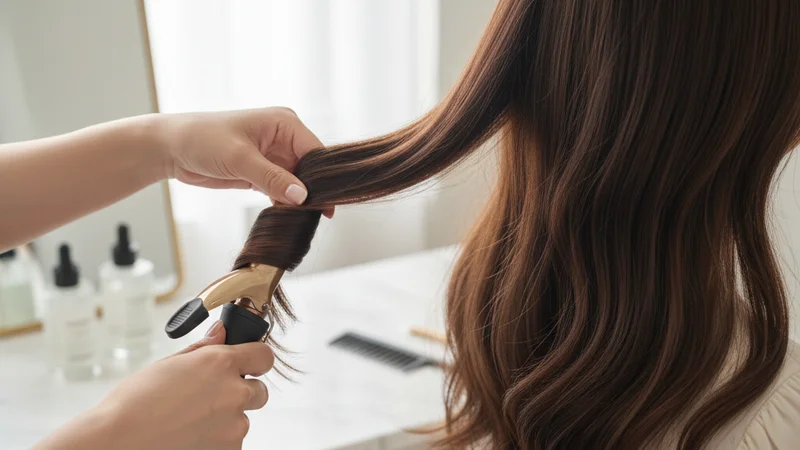 説明:鼻先ラインでカットされた美しいロングバング。根元がふんわりと立ち上がり、顔周りに優雅な曲線を描いている様子