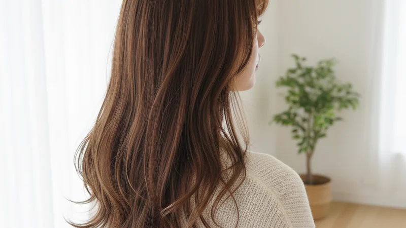 説明:38mmの太めのコテを使い、ロングバングの根元を立ち上げながら後ろに流すスタイリングの手順