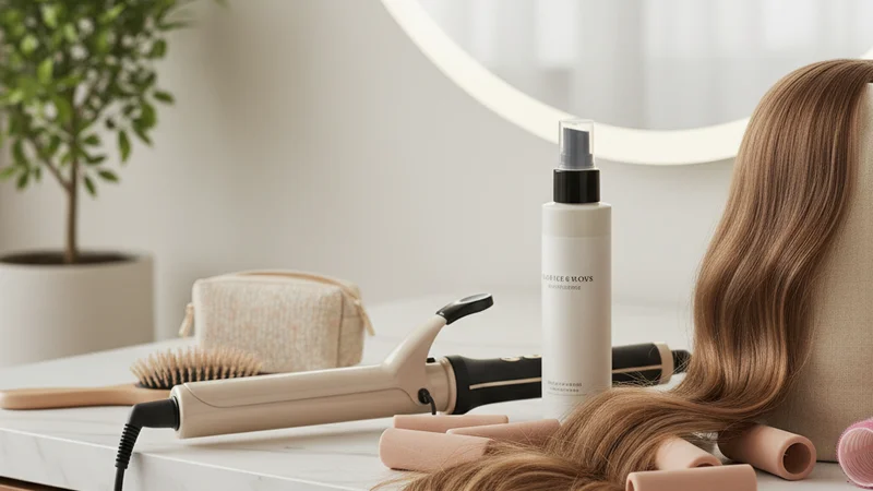 説明:ロングバングのスタイリングが完璧に決まり、自信に満ちた表情で街を歩く大人の女性