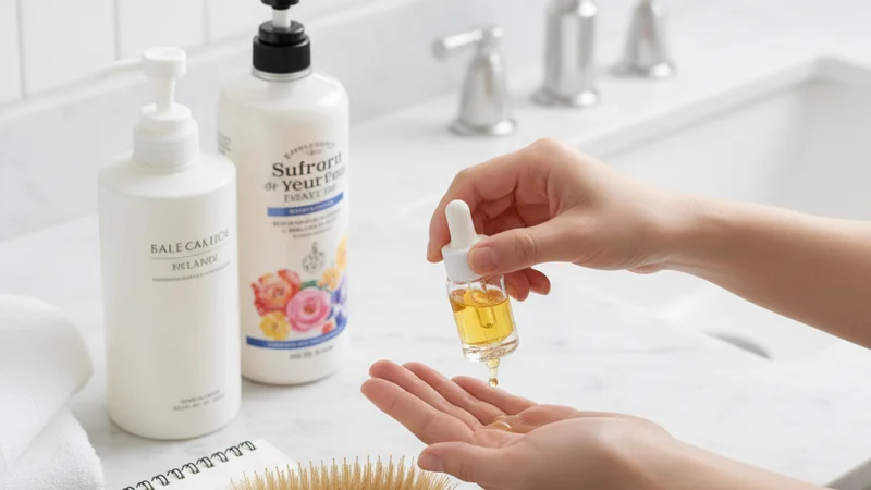 説明：実験器具や植物の抽出液が並ぶ背景に、シャンプーの全成分表示がクローズアップされている様子