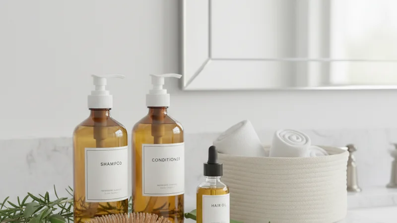 説明：ケアを終え、光を反射して「天使の輪」ができている健康的な髪の後ろ姿